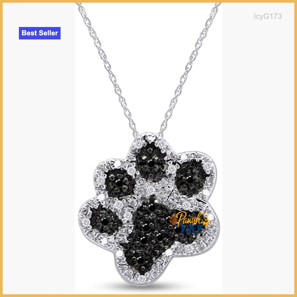Sterling Silver Dog Paw Pendant Necklace With Black Diamonds